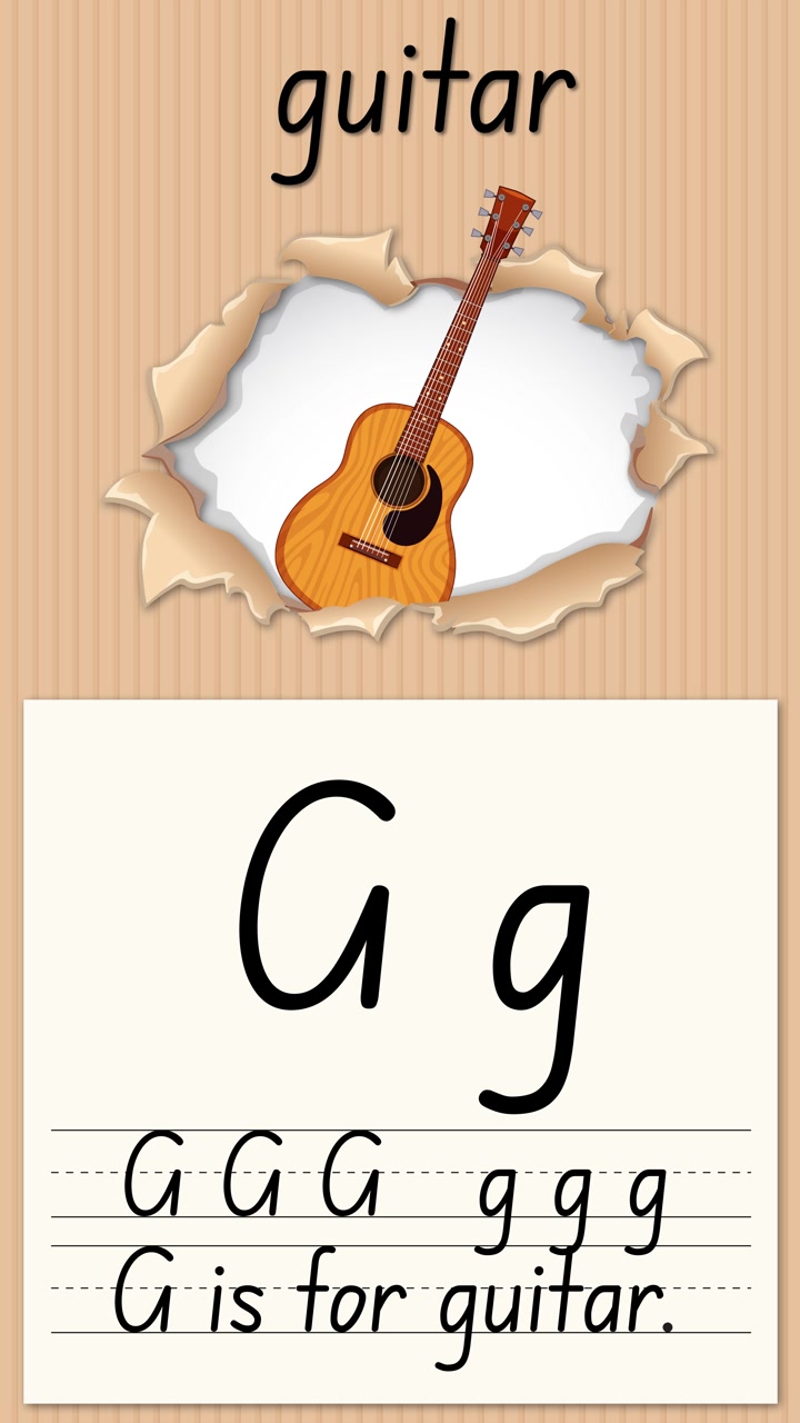 Animated educational video demonstrates writing the letter G using an acoustic guitar illustration and text