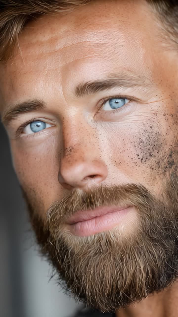 Primo piano di un uomo robusto con occhi blu brillante e barba folta, che mette in risalto la texture e il personaggio in un ambiente con luce naturale