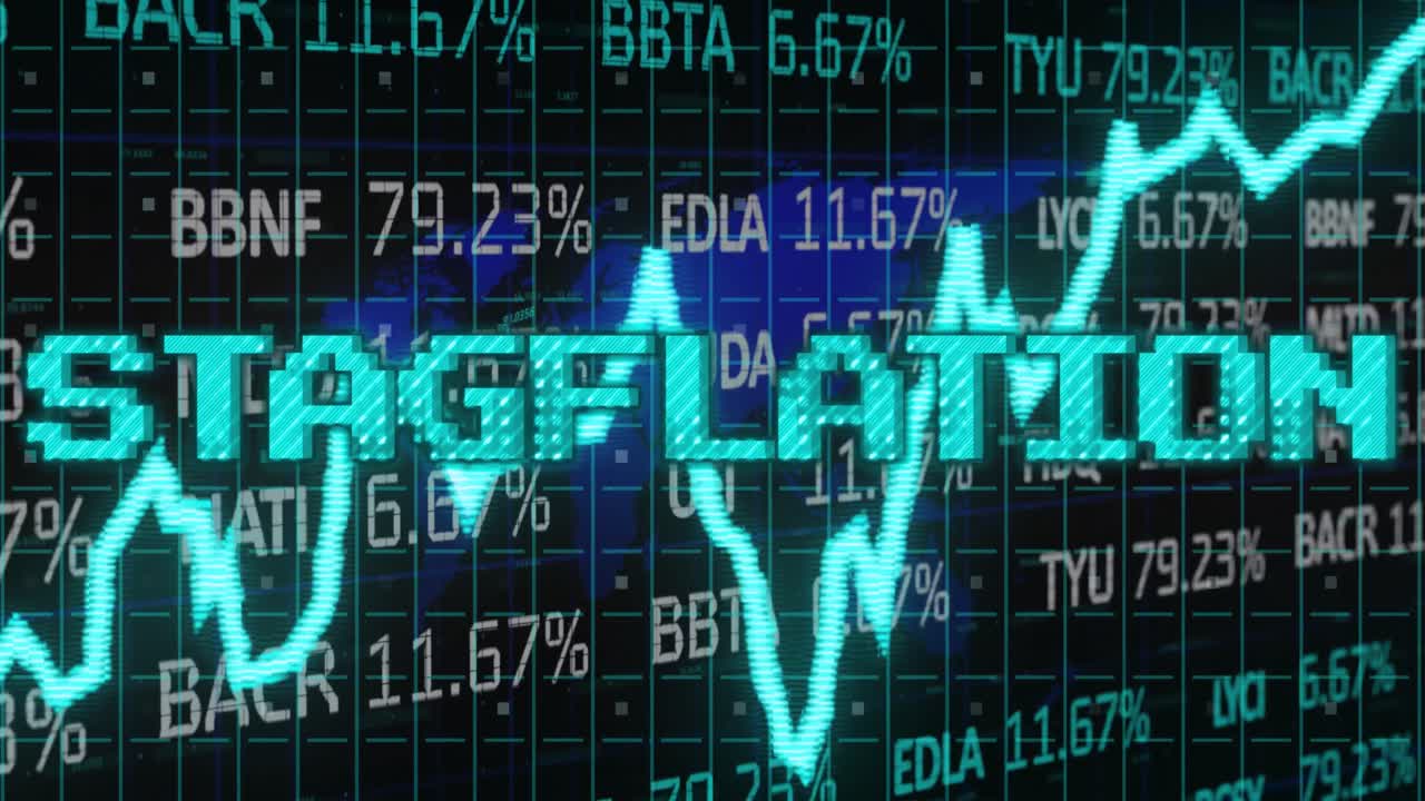 스태그플레이션 텍스트의 애니메이션 (그래프 위에 파란색) 및 금융 데이터 처리