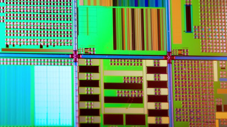 Primo piano di un wafer a semiconduttore in silicio. In elettronica, un wafer, chiamato anche slice o substrato, è una sottile fetta di semiconduttore, un silicio cristallino, utilizzato per la fabbricazione di circuiti integrati