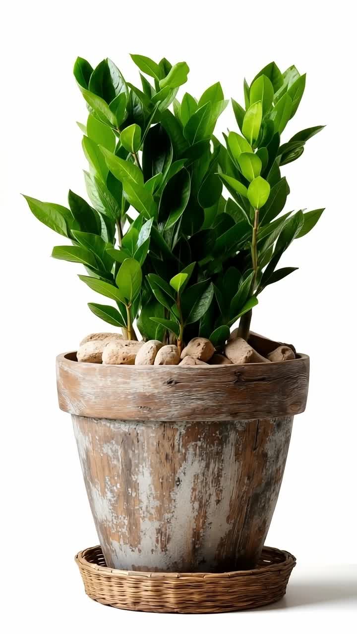 A potted plant with green leaves in a wooden pot on a white background