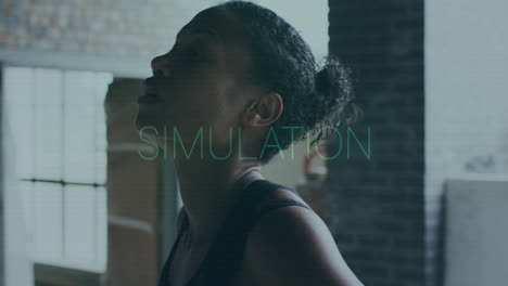 wearing workout gear, woman in industrial setting with animation text overlay