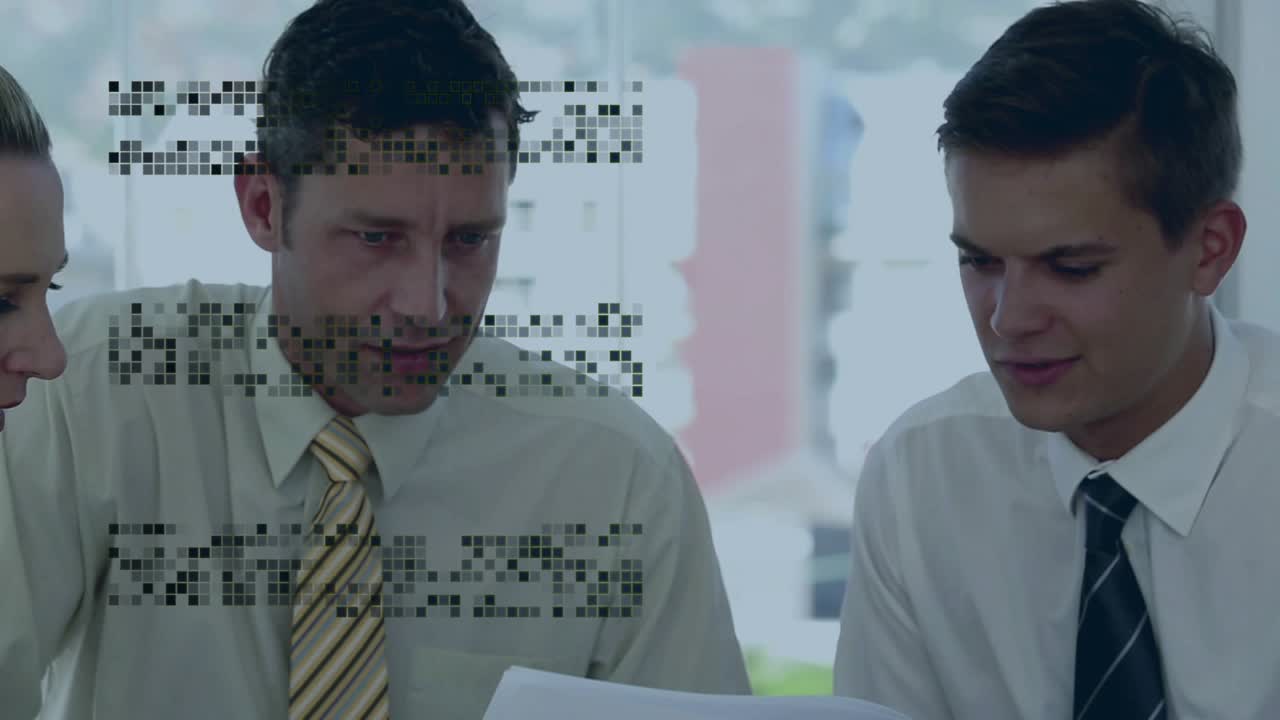 Lead pointing report, woman leaning, junior joining, resolving business point, pixelated overlay