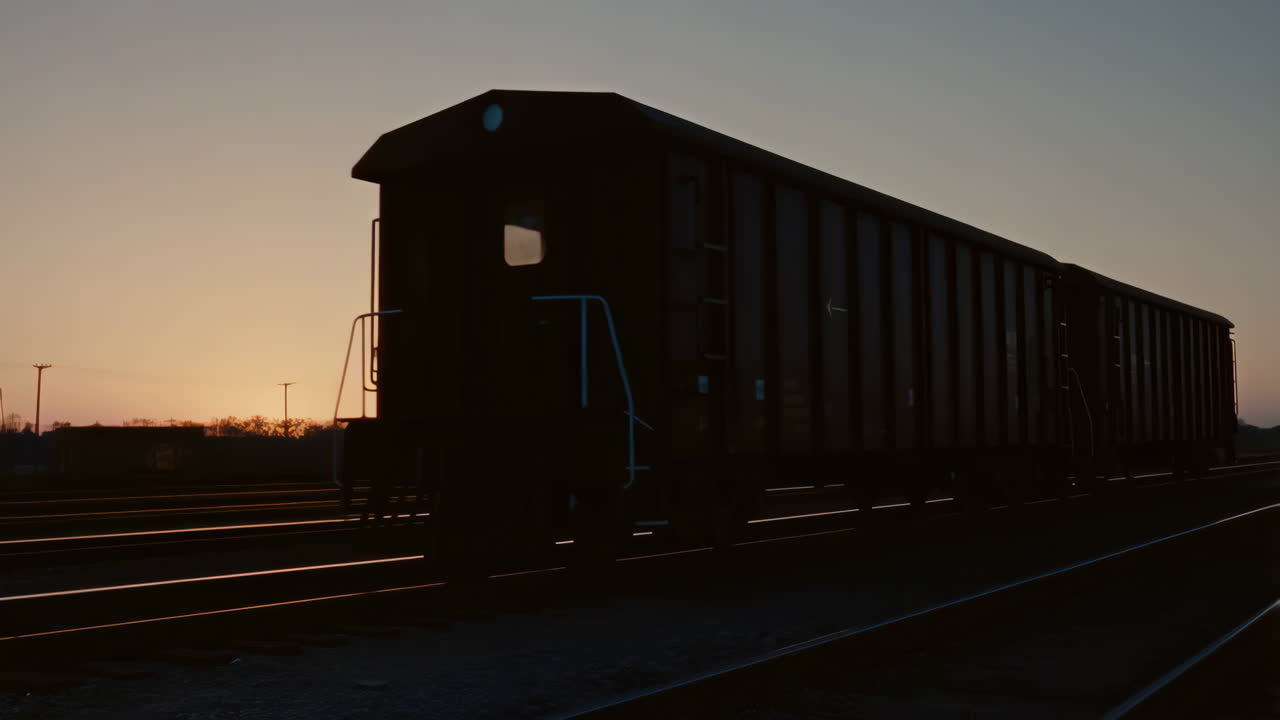 Silhouette of a freight train at dusk