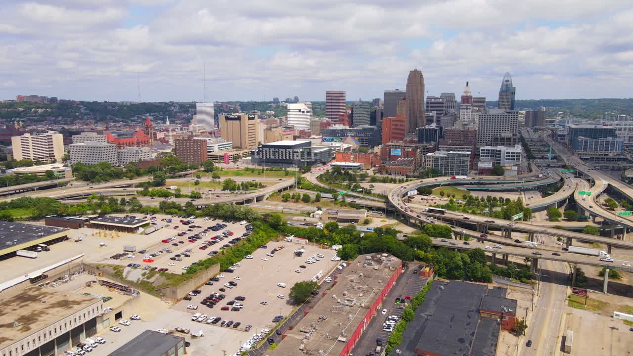 Aerial shot of downtown Cincinnati Ohio, USA during sunny summer day