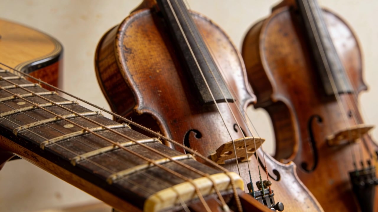 Messa a fuoco, la telecamera rivela la tastiera di una chitarra e due violini in una sala musica, mostrando le venature del legno
