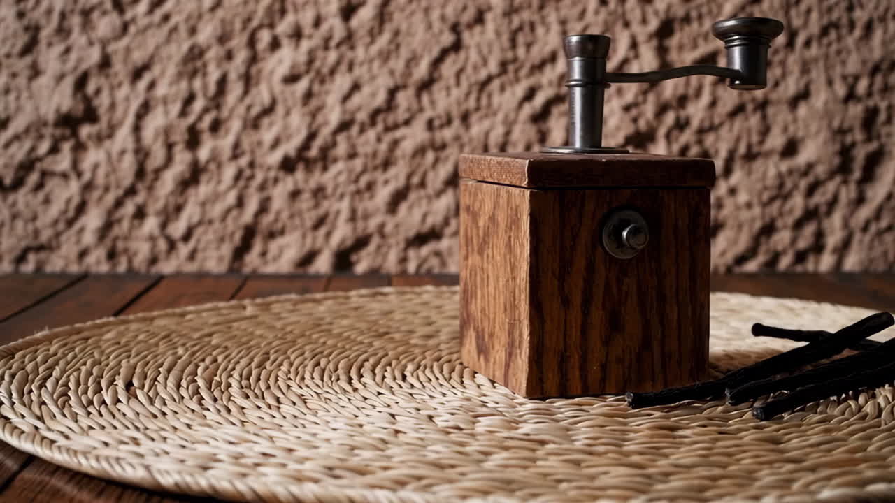 Vintage Wooden Spice Grinder and Vanilla Beans