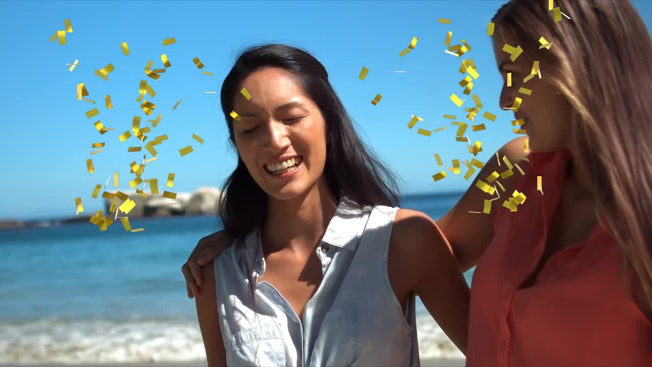 Ad showing two women on beach, meeting eyes sparking confetti bursting then showering celebrating