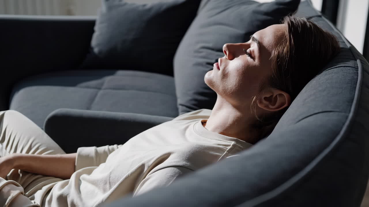 Person relaxing on a couch in a modern home