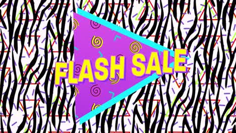 Digitale-Animation-Von-Flash-Sale-Text-Auf-Violettem-Banner-über-Zebrastreifenmuster-Auf-Weißem-Hintergrund