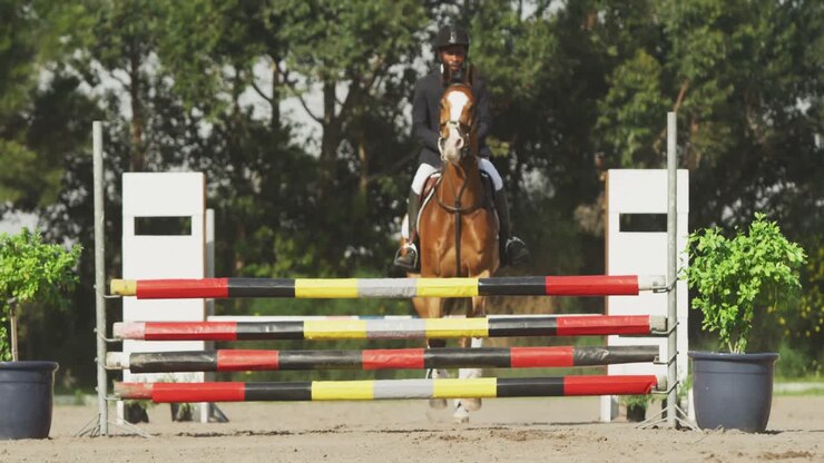 Uomo afroamericano che salta un ostacolo con il suo cavallo da dressage
