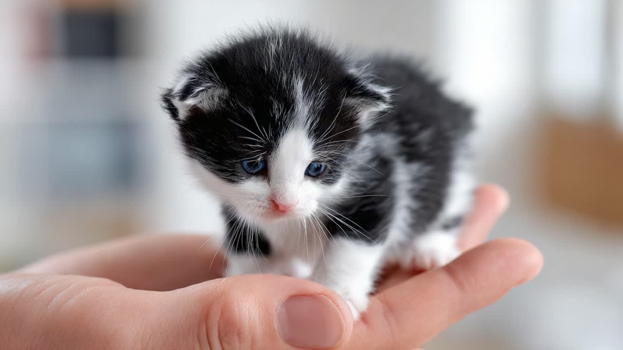 A Playful Black and White Kitten Explores Its Surroundings While Being Gently Cradled in a Human Palm, Showcasing Its Adorable Features and Curious Nature
