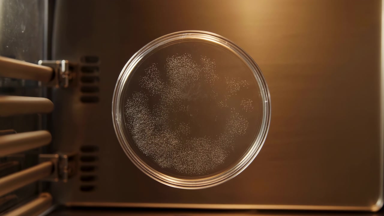 Una capsula di Petri trasparente è posizionata al centro in un ambiente di laboratorio illuminato caldamente, circondata da attrezzature metalliche e uno sfondo industriale leggermente sfocato.