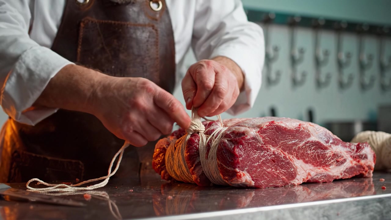 Preparazione di Tagli Gourmet: Un Artigiano Culinario Lega con Maestria Carne di Manzo Fresca per un Arrosto Perfetto in un Ambiente di Cucina Ben Attrezzato.
