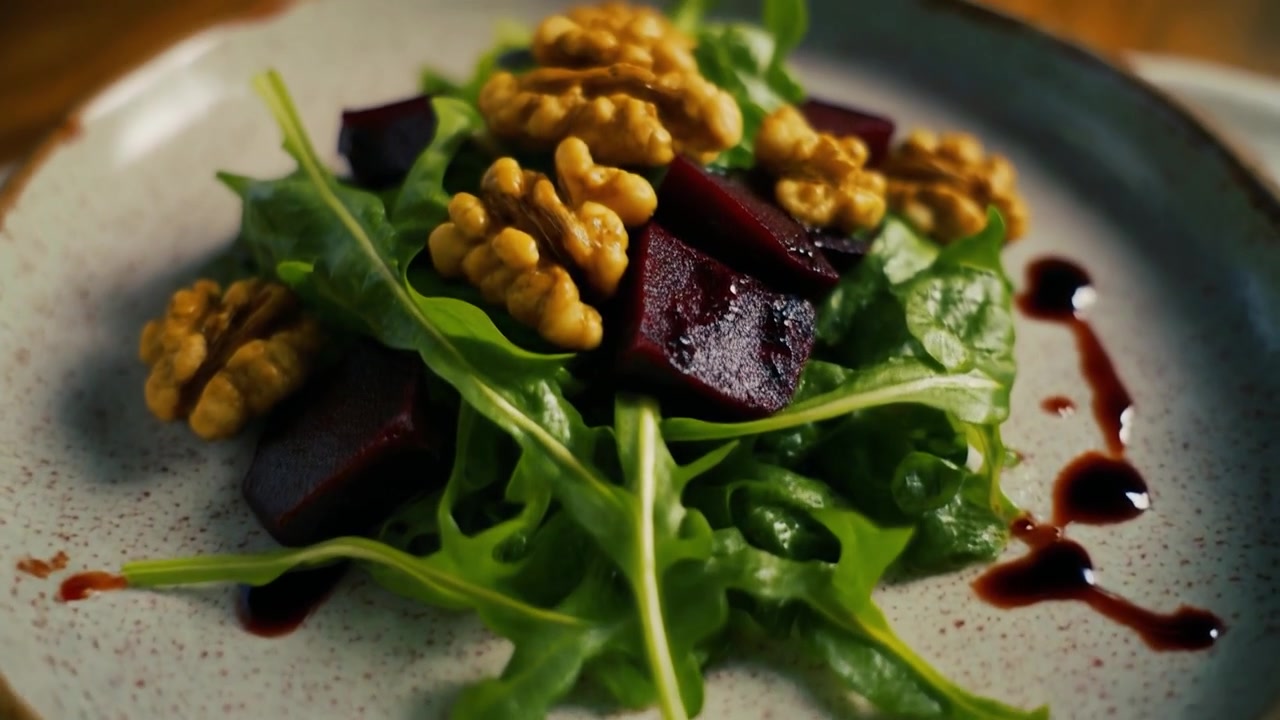 Fresh Beetroot and Walnut Salad with Arugula on a Ceramic Plate