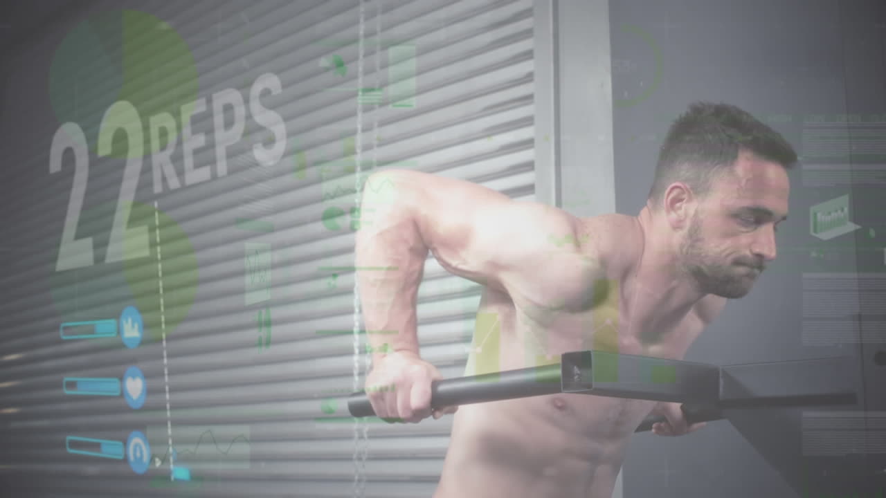 체육관 장비로 운동하는 강한 남자에 대한 데이터 처리 애니메이션