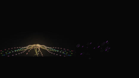 animation of yellow dotted lines and purple shapes floating over black background