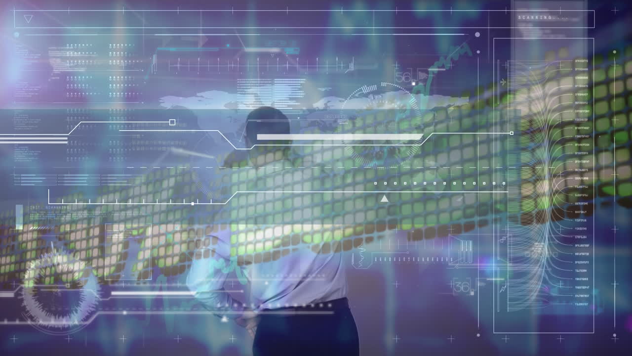 animación del procesamiento de datos financieros sobre el hombre de negocios