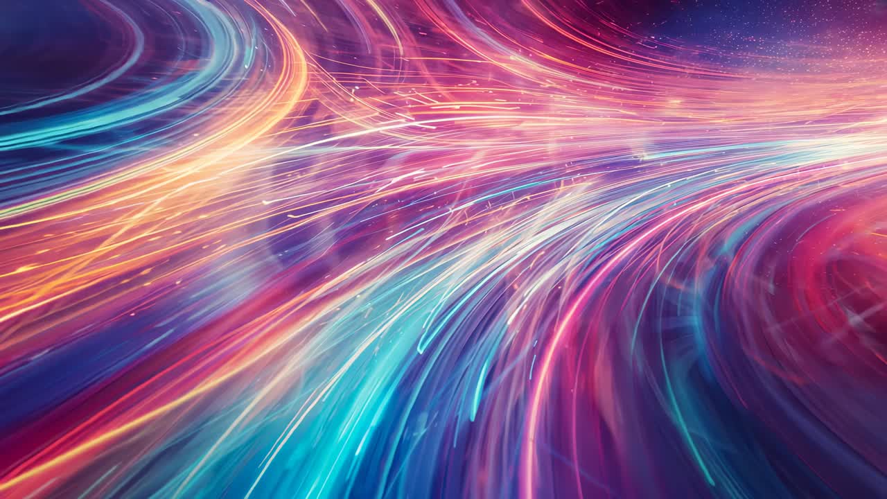 Unfolding void showing neon streams converging inward, core glowing then ribbons spiraling rapidly