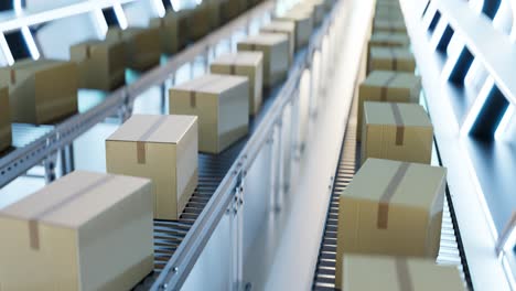 carton boxes moving on conveyors at futuristic warehouse. 3d animation loop