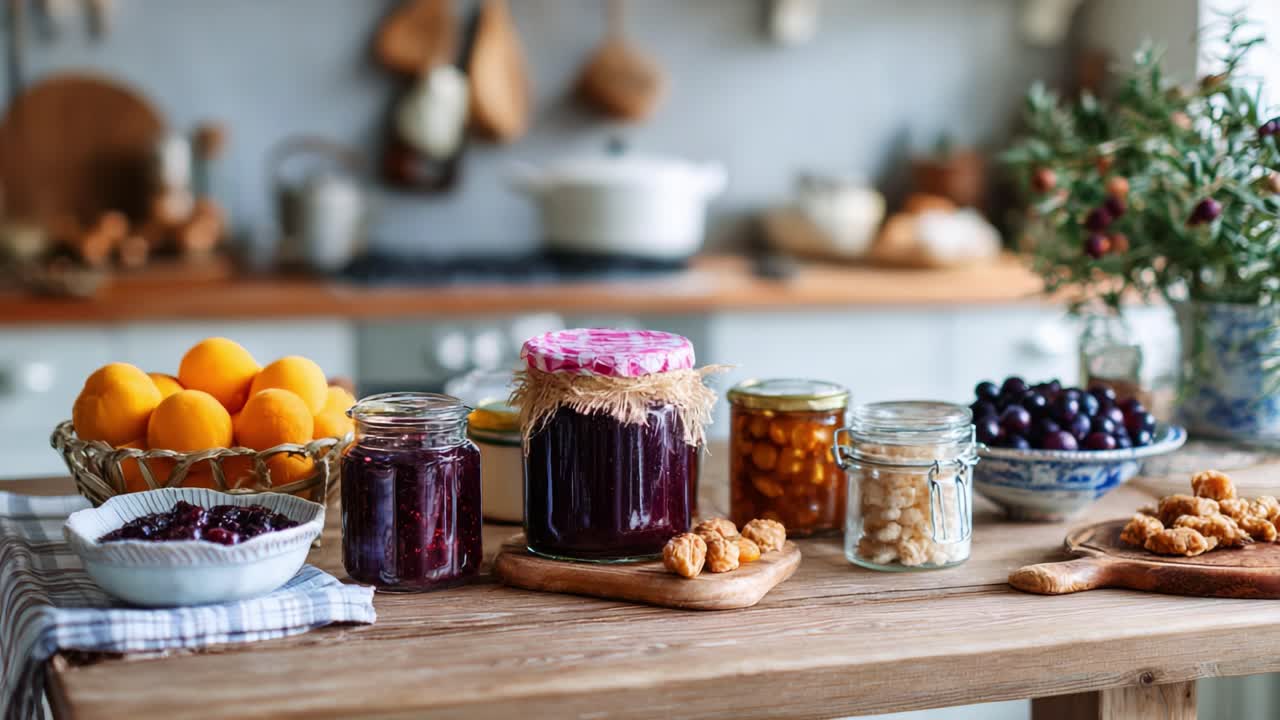 A Beautifully Arranged Display of Homemade Jams, Fresh Fruits, and Snacks on a Rustic Kitchen Table, Perfect for Celebrating Wholesome Cooking Moments