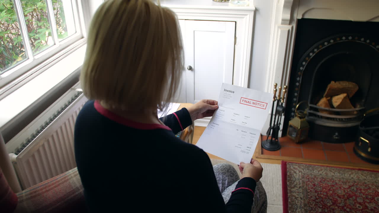 부채 편지를 여는 부채에 대해 걱정하는 인식할 수 없는 고위 여성