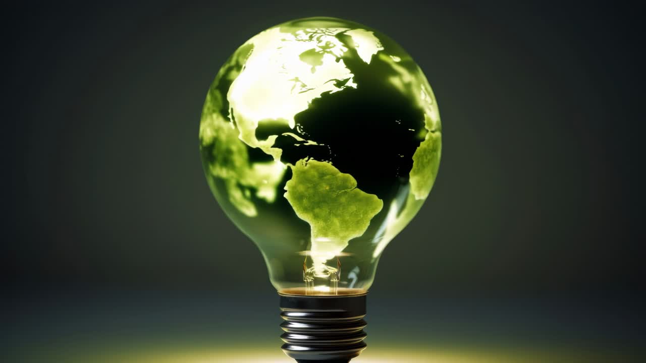 Un concept video creativo che mostra un primo piano di una lampadina con una Terra verde all'interno