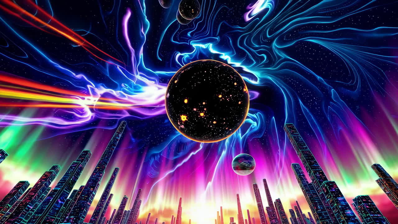 Vibrant Cosmic Cityscape with Neon Aurora and Swirling Lights