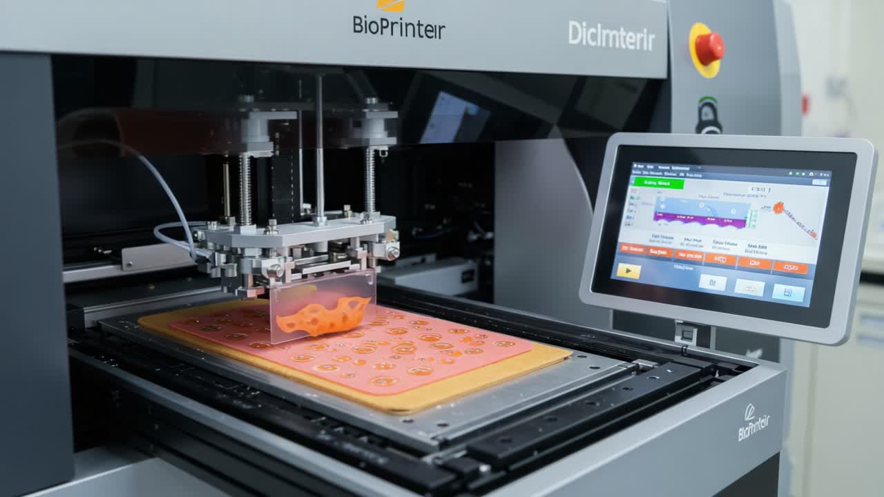 Advanced Bioprinting Technology in Action: Showcasing a State-of-the-Art BioPrinter as it Creates Intricate Patterns on a Gel Matrix for Innovative Applications
