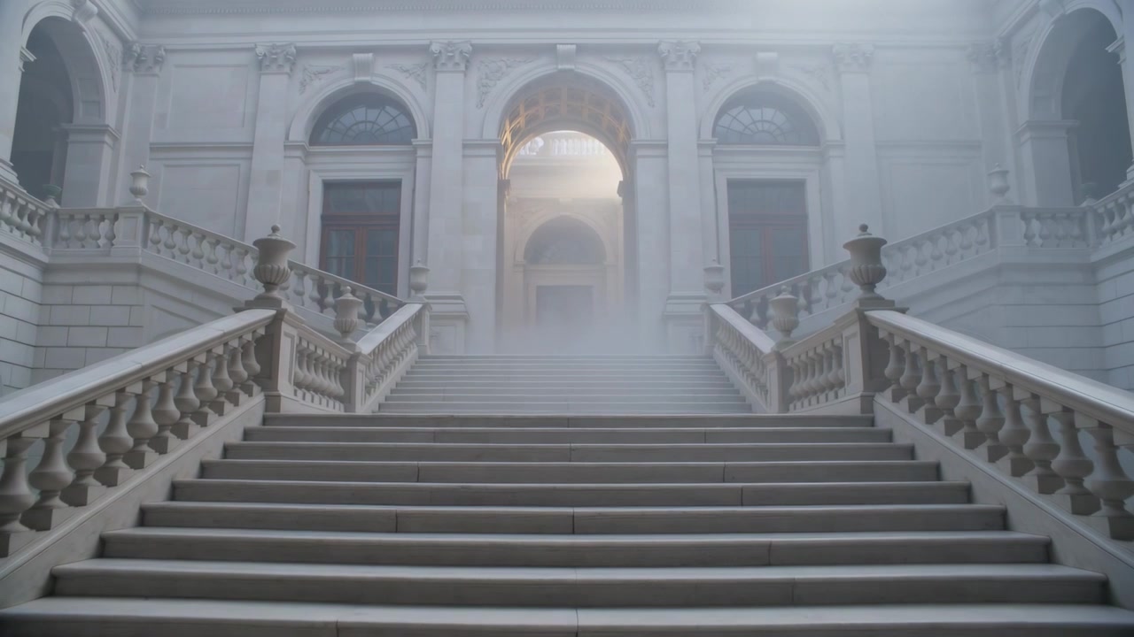 Portale ad arco luminoso che fa scendere la nebbia su grandi scale in pietra in una sala con ringhiere e urne.