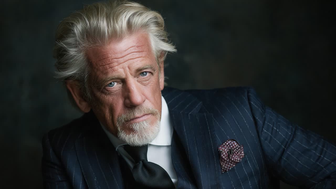 Et fængslende portræt af en elegant ældre mand med markant sølvfarvet hår og et velsiddende jakkesæt, der udstråler charme og visdom i en dramatisk lyssætning.