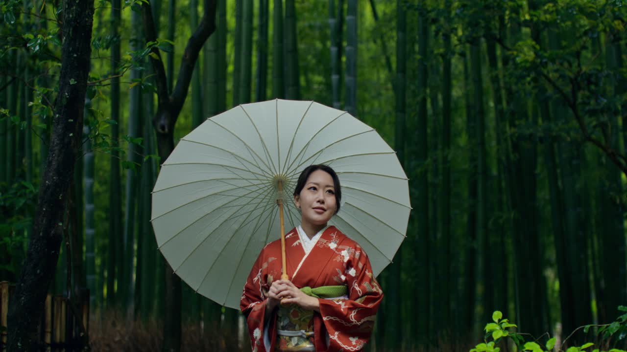 Japanese Woman in Kimono in a Bamboo Forest