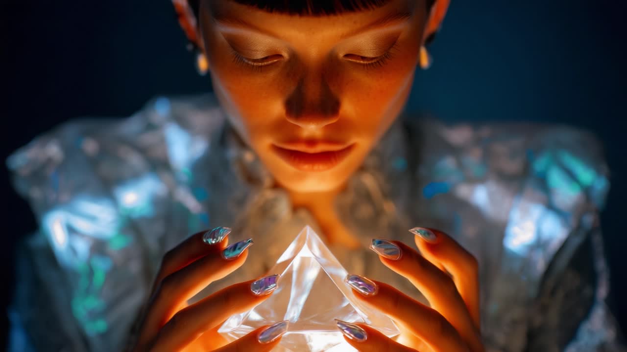 A Transcendent Journey: A Young Muse Engaging with a Radiant Crystal Pyramid, Illuminated by a Sparkling Glow, Capturing the Essence of Mystery and Enlightenment in a Stunning Visual Experience