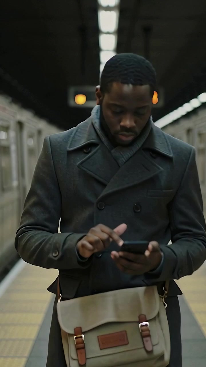 Vertical video: Walking man in dark pea coat and tan satchel, tapping smartphone on subway platform