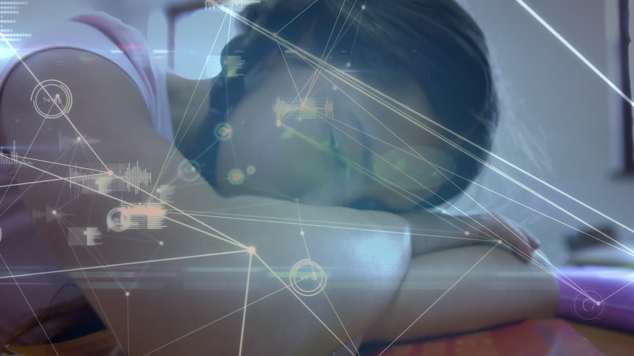 코카시안 학교 소녀가 잠을 자는 것을 통해 연결 네트워크의 애니메이션