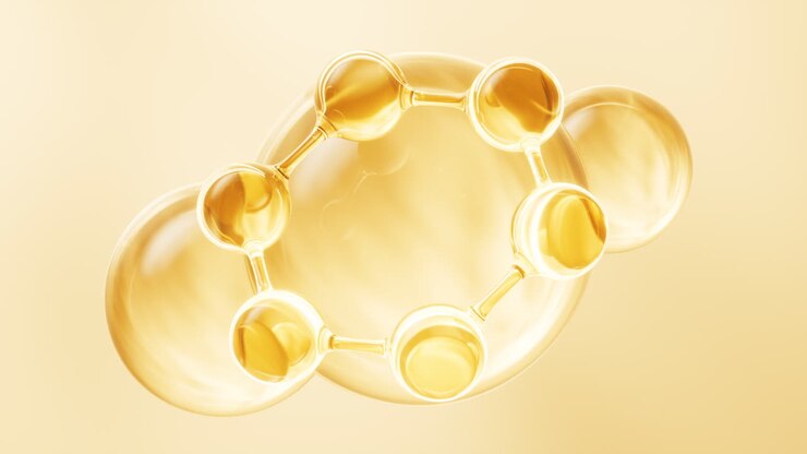 Molecola dorata e bolla liquida, rendering 3D