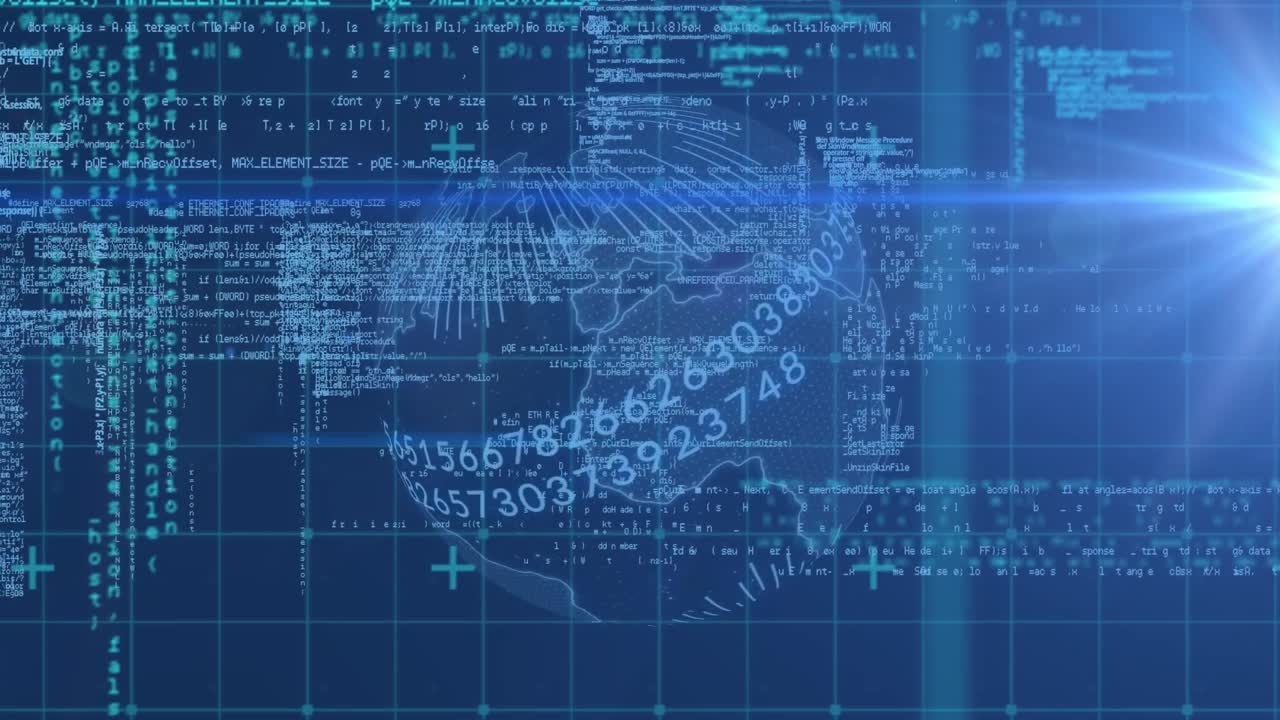Animation of data processing and globe over blue background