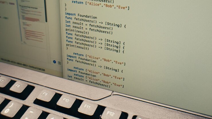 Programmeringskode, der ruller på en computerskærm med tastatur