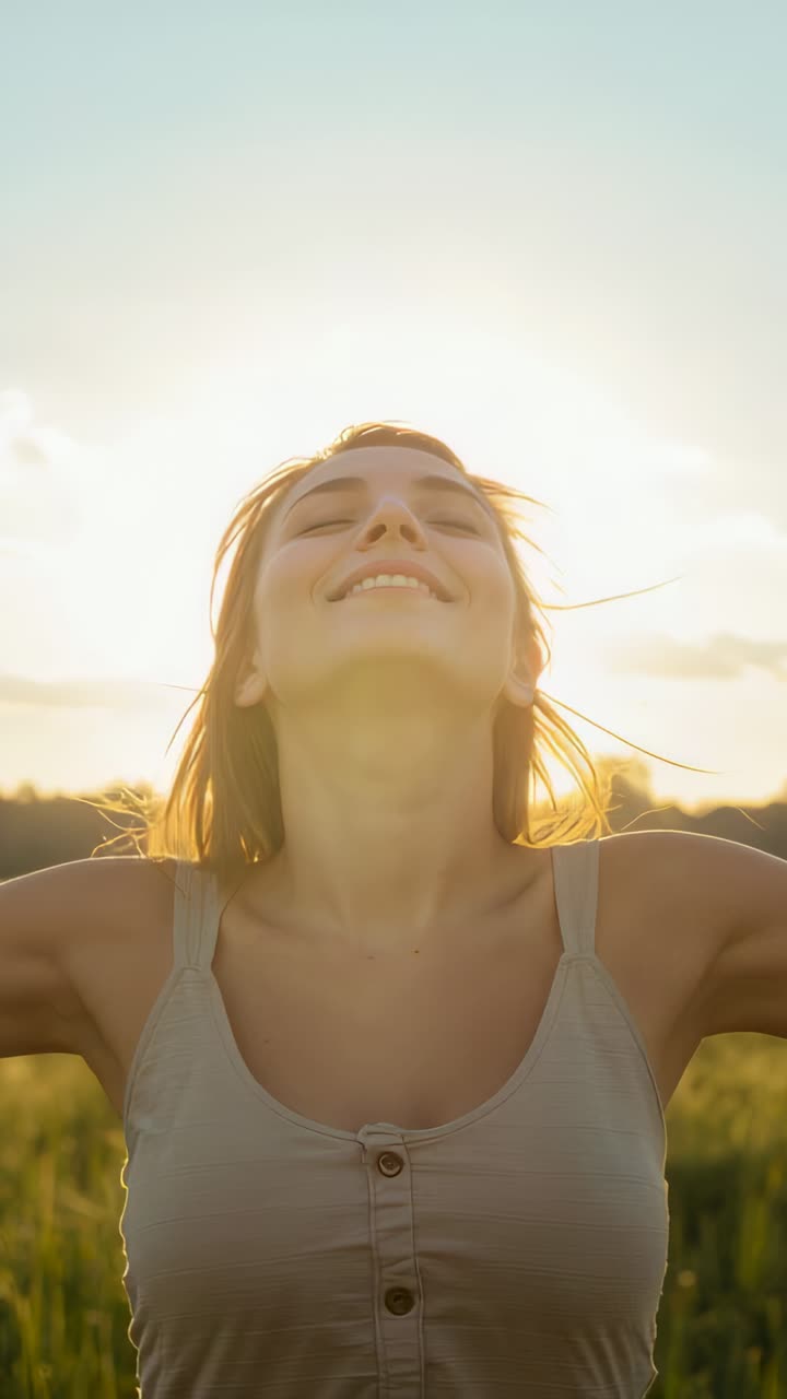 Vídeo vertical: mulher calma em pé, usando blusa bege, com os braços abertos e a cabeça inclinada para trás em um campo, com a luz do sol se movendo
