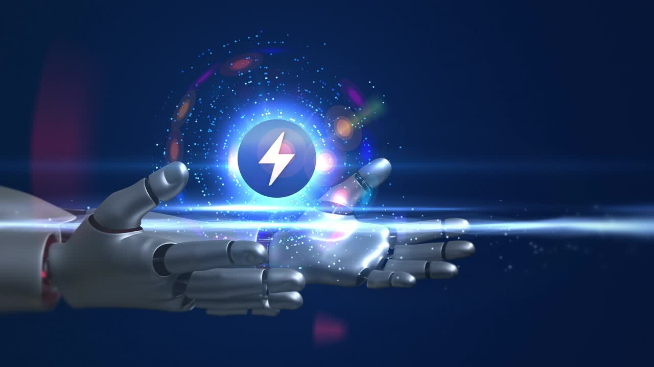 Braccia robotiche umanoidi che tengono un simbolo elettrico 3D.