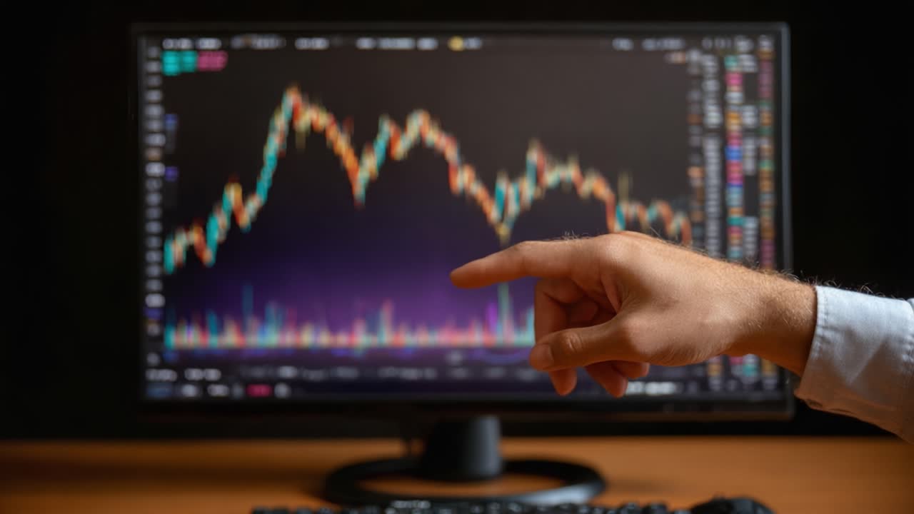 A Focused Analysis of Stock Market Trends: A Close-Up View of Market Fluctuations as an Investor Points Towards Key Movements on the Screen Displaying Graphs