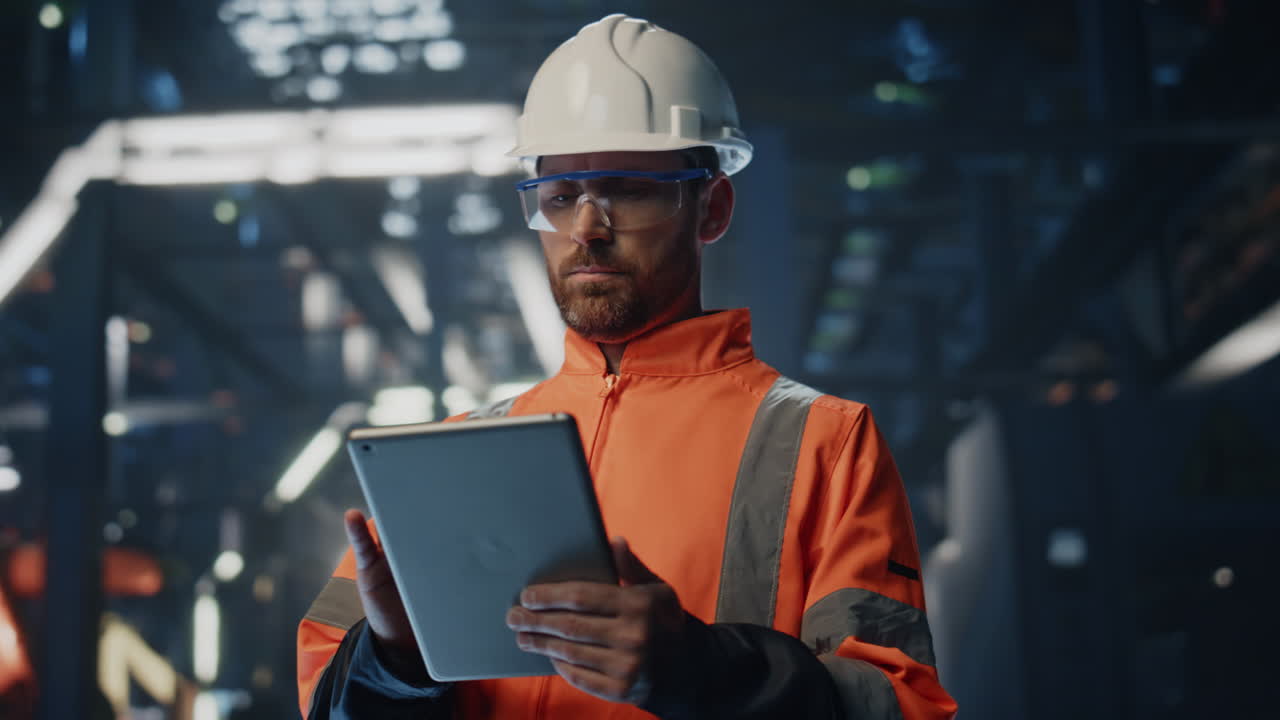 supervisor de fábrica serio mirando la fabricación haciendo notas tableta de cerca