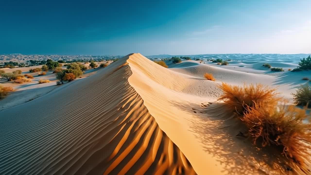 A sand dune in the middle of a desert with a blue sky in the background