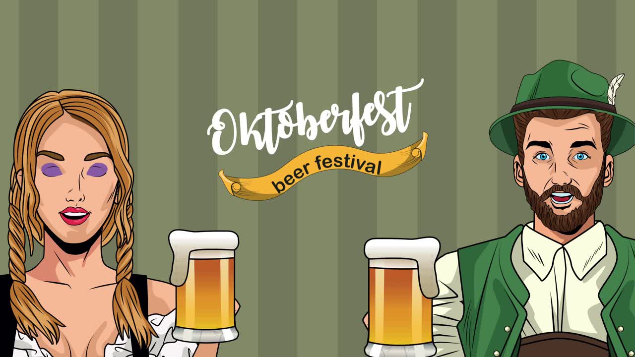 행복한 oktoberfest 축제 애니메이션과 독일 커플 맥주 마시는
