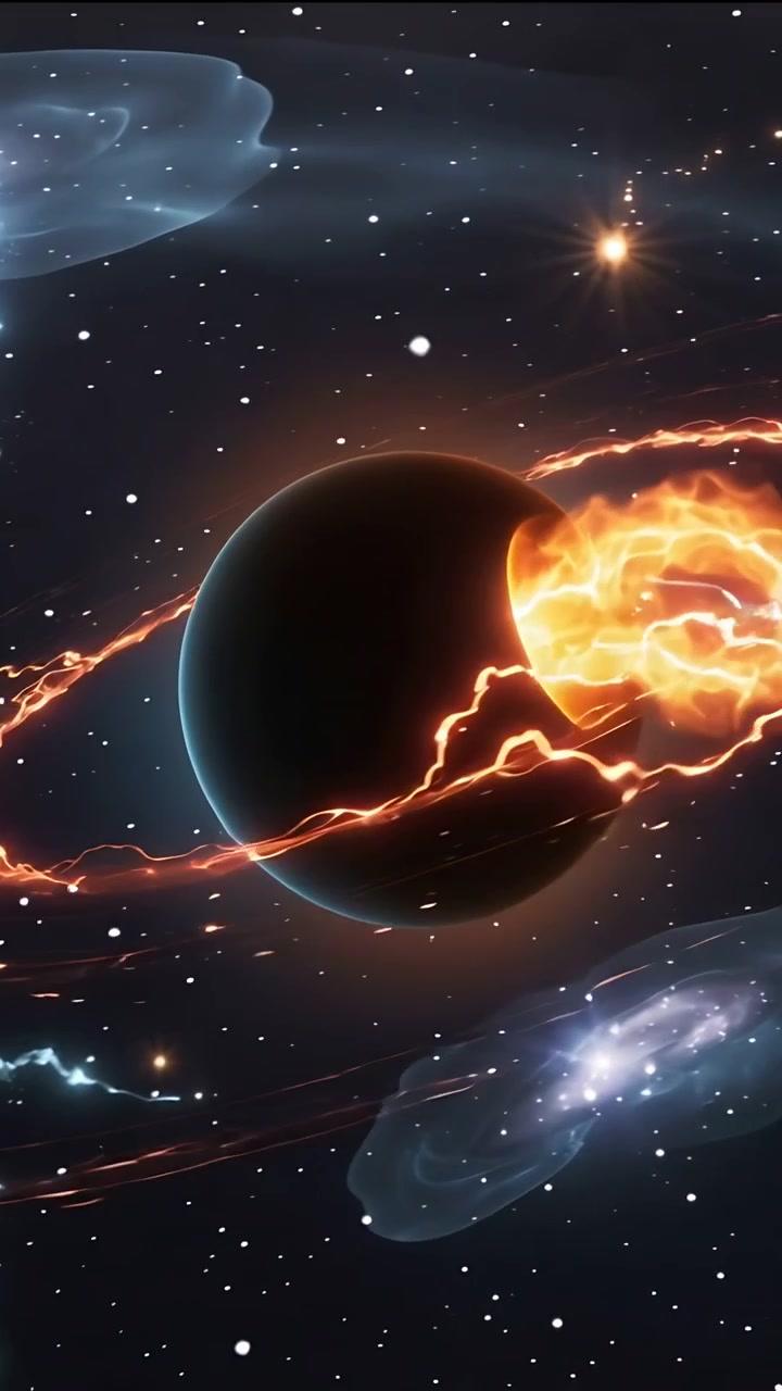 Vertical video: Approaching filament striking planet near nebula, tearing ring and ejecting debris