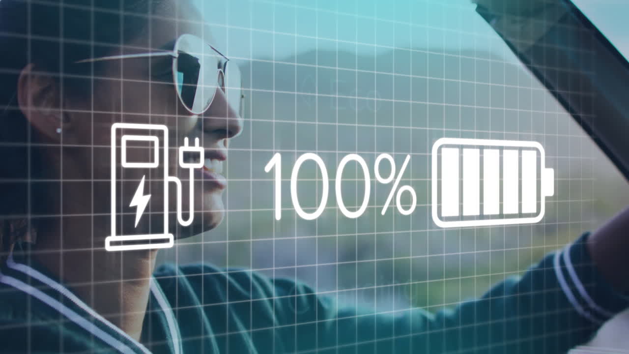 환경 친화적 인 지표와 함께 전기 차량을 운전하는 사람에 대한 충전 애니메이션