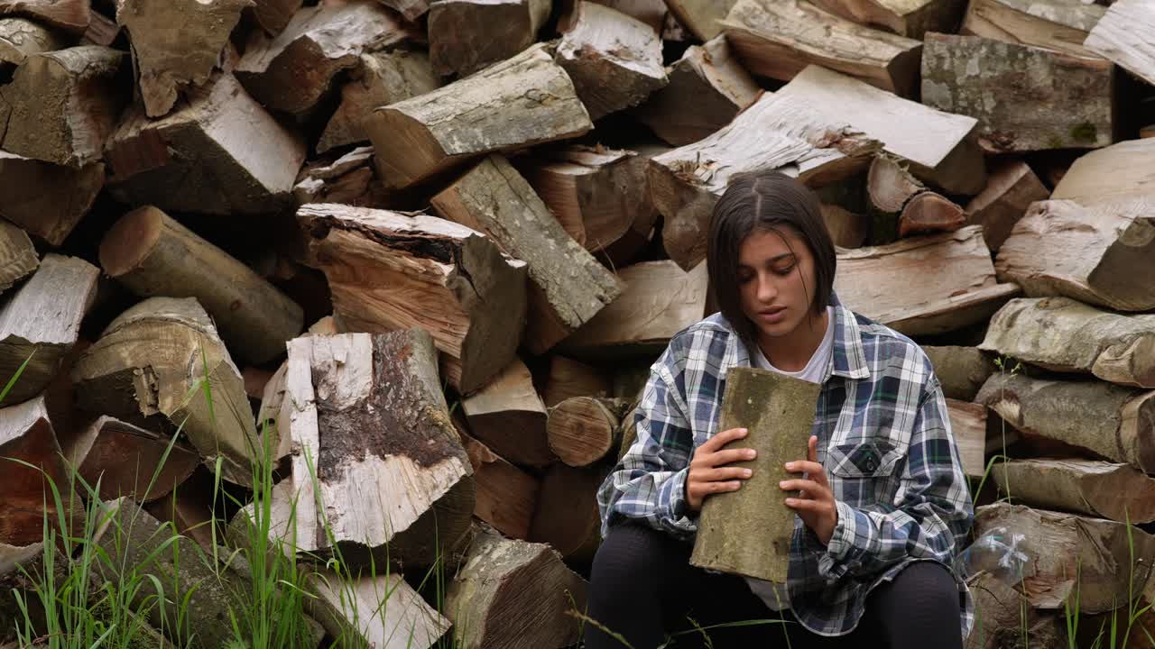 adolescente con leña en la mano