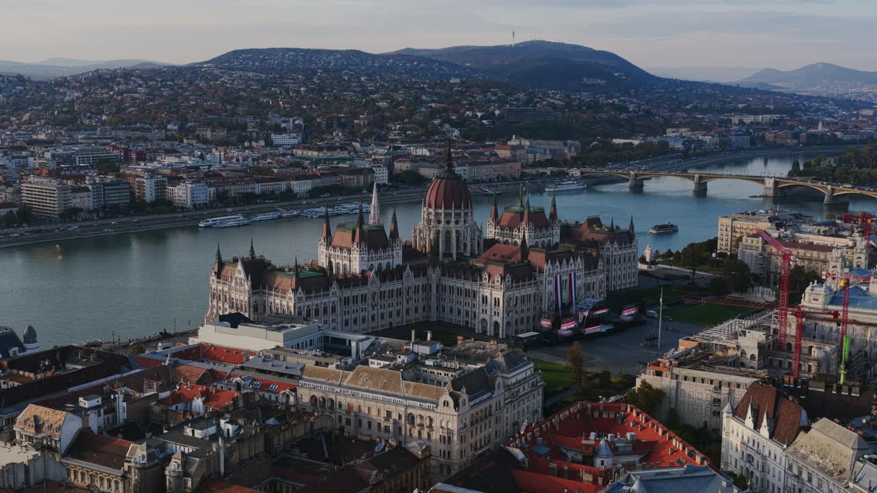Aerial showing the Hungarian Parliament beside the Danube with Margaret Bridge and Buda hills beyond