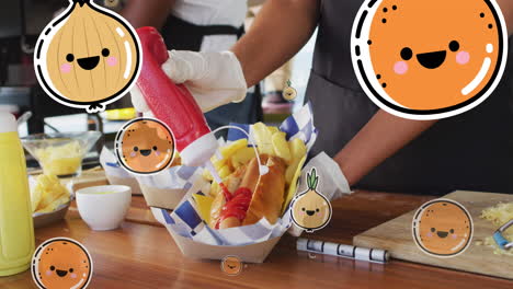 animación de verduras y frutas sonrientes sobre una vendedora de alimentos que prepara comida para el cliente