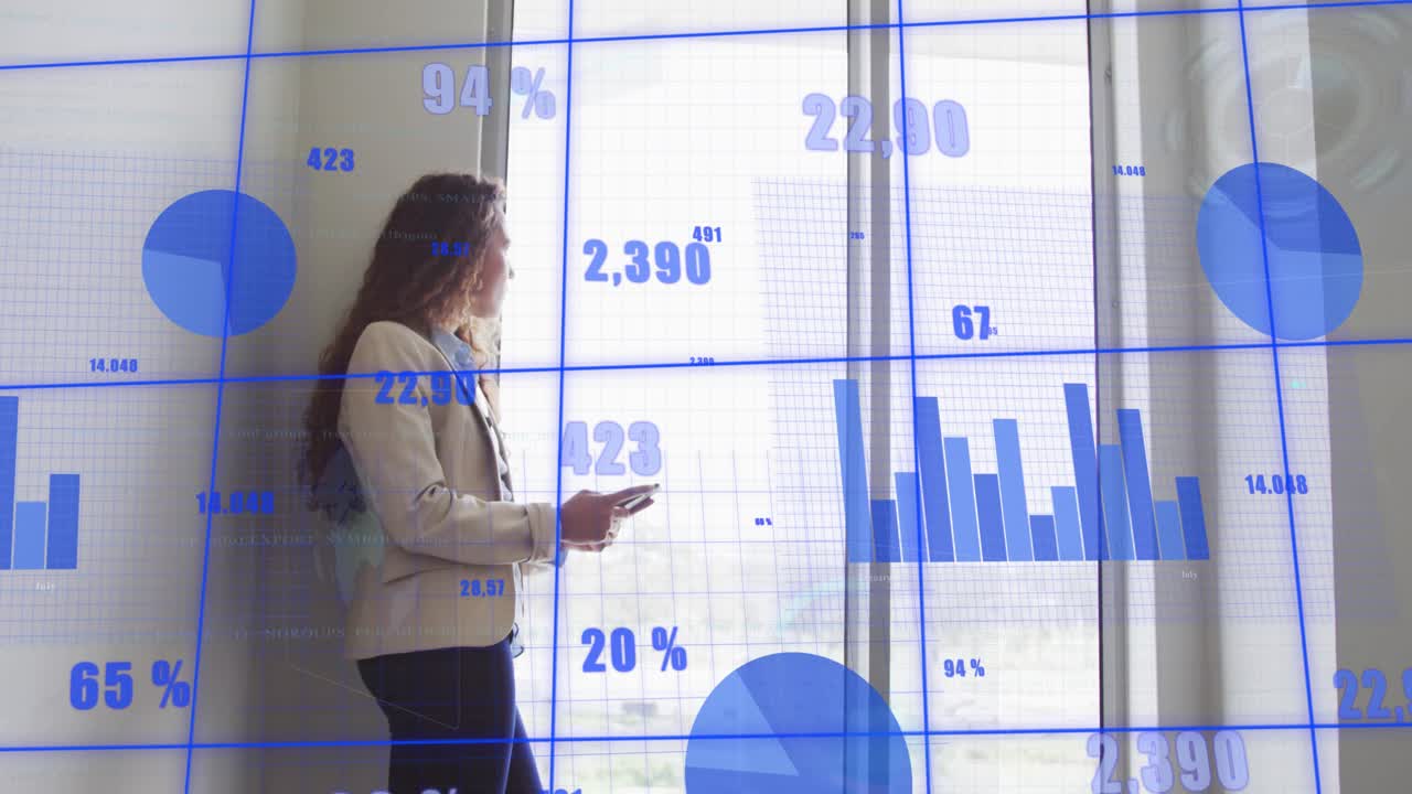Woman moving beside tall windows while tapping smartphone, aligning business charts with phone data